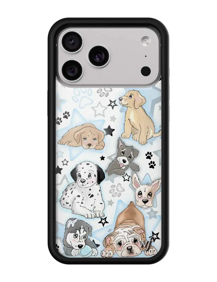 Puppy Love | Limited Edition Trendy iPhone Case | Raised Protective Black Bumper | Women Owned Small Business | White Background Blue and Black Stars Dalmation and Lab Cute Dogs Paw Prints | Safety Casing Protective | Gift for Her
