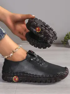 Women's Hand Stitched Casual PU Leather Loafers, Mom Shoes, Multiple Colors Available, Anti-Slip Rubber Sole, Lace-Up Casual Trendy Flat Sneakers