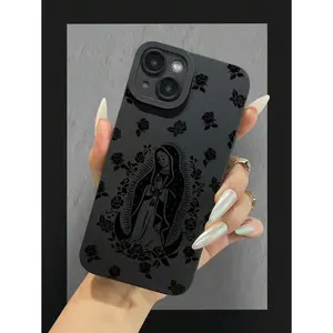 Virgin Maria & Flowers Pattern Liquid Silicone Mobile Phone Case Full-Body Protection Shockproof Anti-Fall TPU Soft Rubber Case Compatible With IPhone 16/11/12/13/14/15/15pro/15 Plus/15 Promax/7plus/8plus/X/Xs Max/Xr/11pro/12pro/13pro/14pro/12mini/13mini