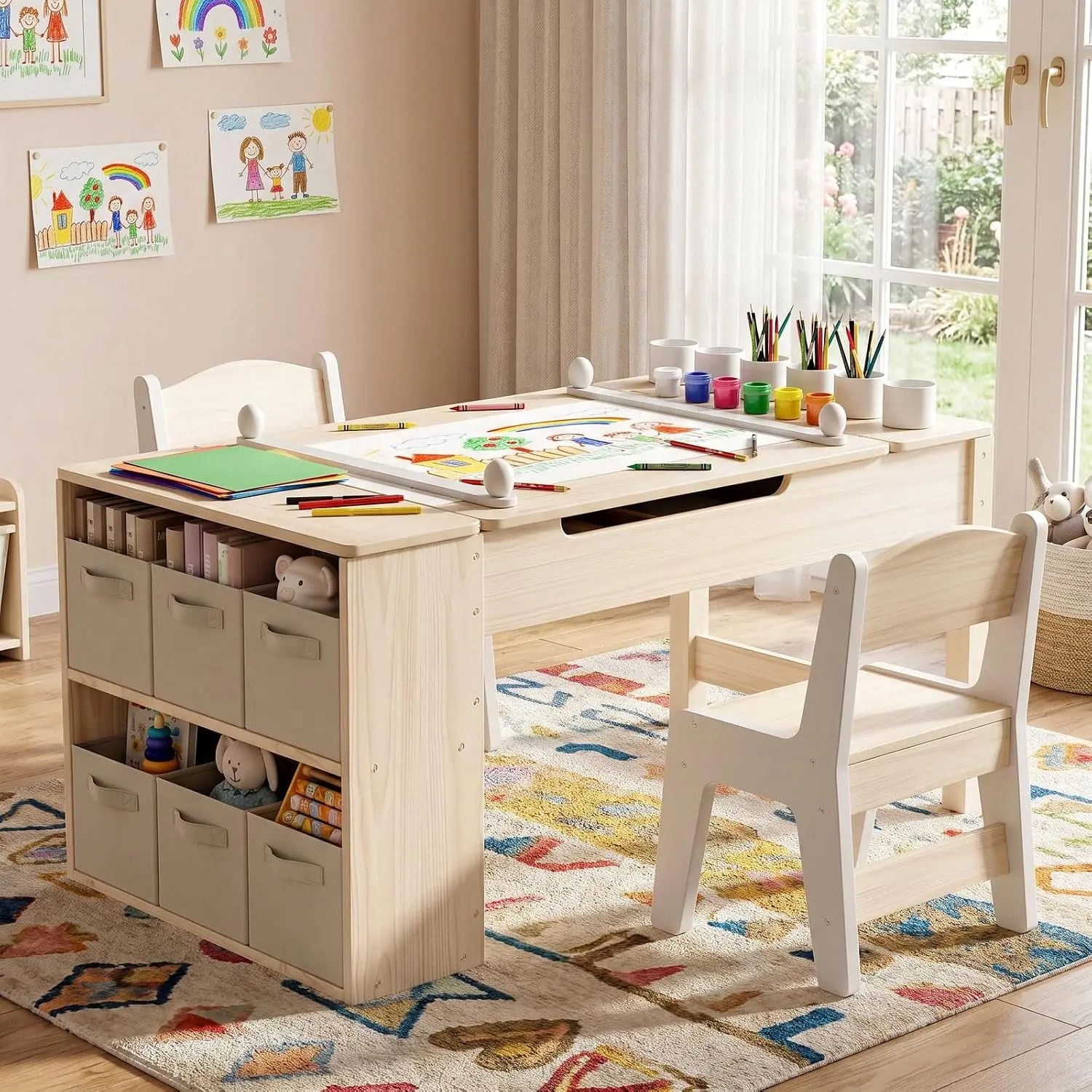 【Back To School】MAMIZO Montessori Wooden Kids Table and Chair Set with 2 Seats, Multifunctional Activity Table for Toddlers, 6 Storage Bins, 6 Paint Cups & Storage Containers for Learning Drawing, Two Seats