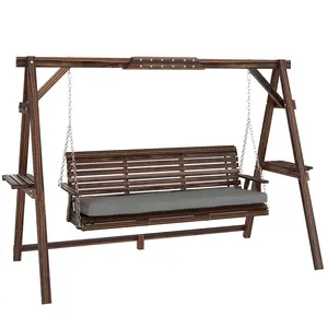 3 Seat Wooden Porch Swing with Stand – Patio Swing w/ Cushion, Side Trays, Adjustable Chains, 726 lbs Capacity, Solid Fir Wood, Carbonized Brown