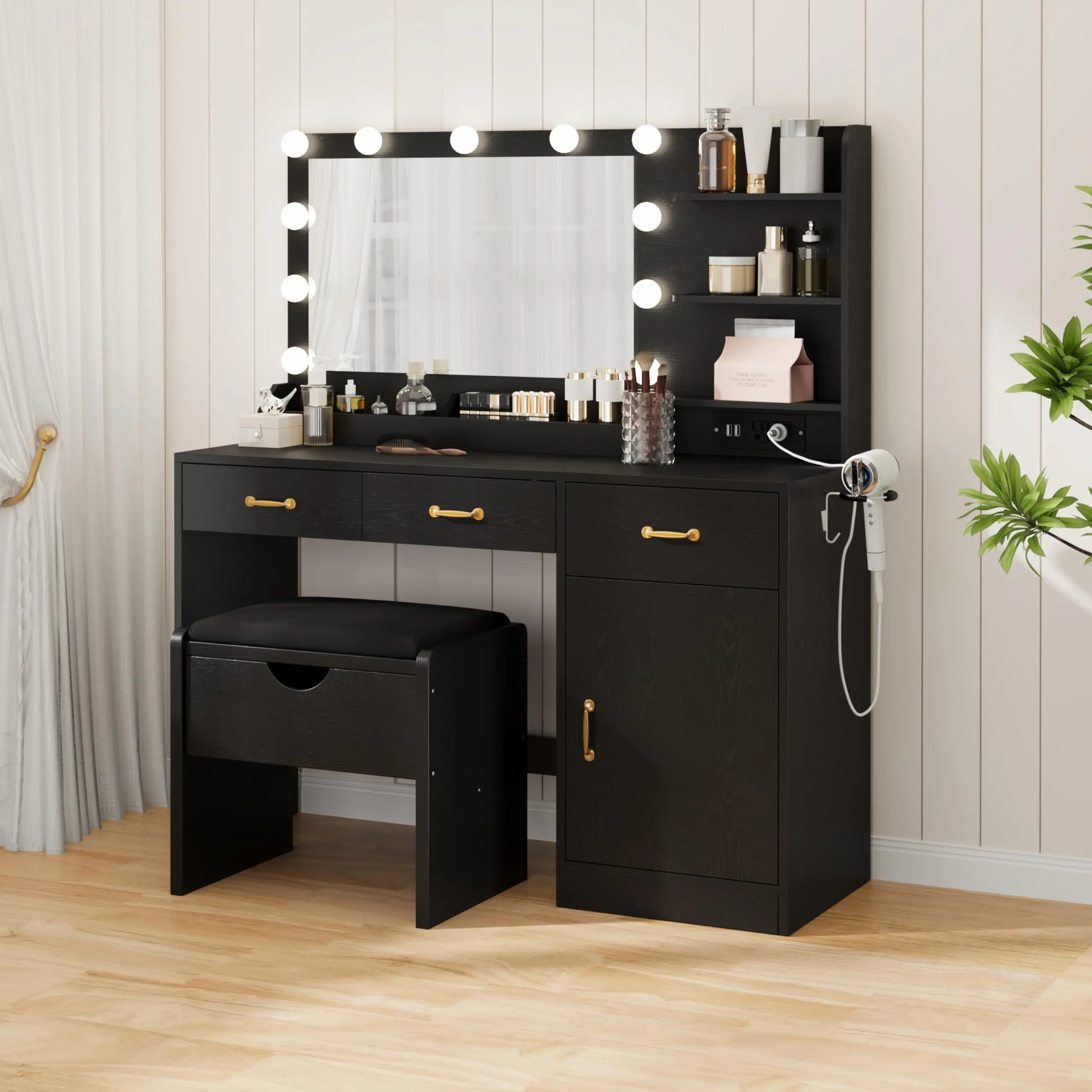 Black/White Vanity Desk with Mirror & LED Lights Vanity Set with Upholstered Storage Stool Makeup Vanity with Power Outlet & 11 LED Bulbs Dressing Table with 3 Drawers & Storage Shelves Easy Assembly
