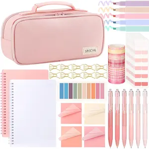 45 Pcs Pink Aesthetic College School Supplies with Pen Case Notebooks Highlighters Gel Pens Sticky Notes Index Tab Clips Washi Tapes Back to School Stationery Bible Study Annotation Kit