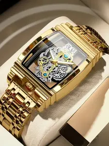 Barrel-Shaped Men's Quartz Watch, 5011 Stylish All-Season Alloy Wristwatch with Automatic Movement, Skeleton Watches, Trendy Golden and Silver Color Band