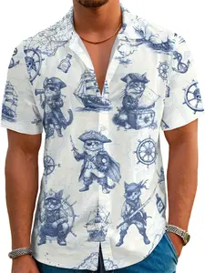 Men's Hawaiian Shirt with Fun Print, Animal Shirt, Fitted Short Sleeve Casual Top, Summer Beach Vacation Wear, Button-Up Leisure Shirt, Collared Shirts, Tropical