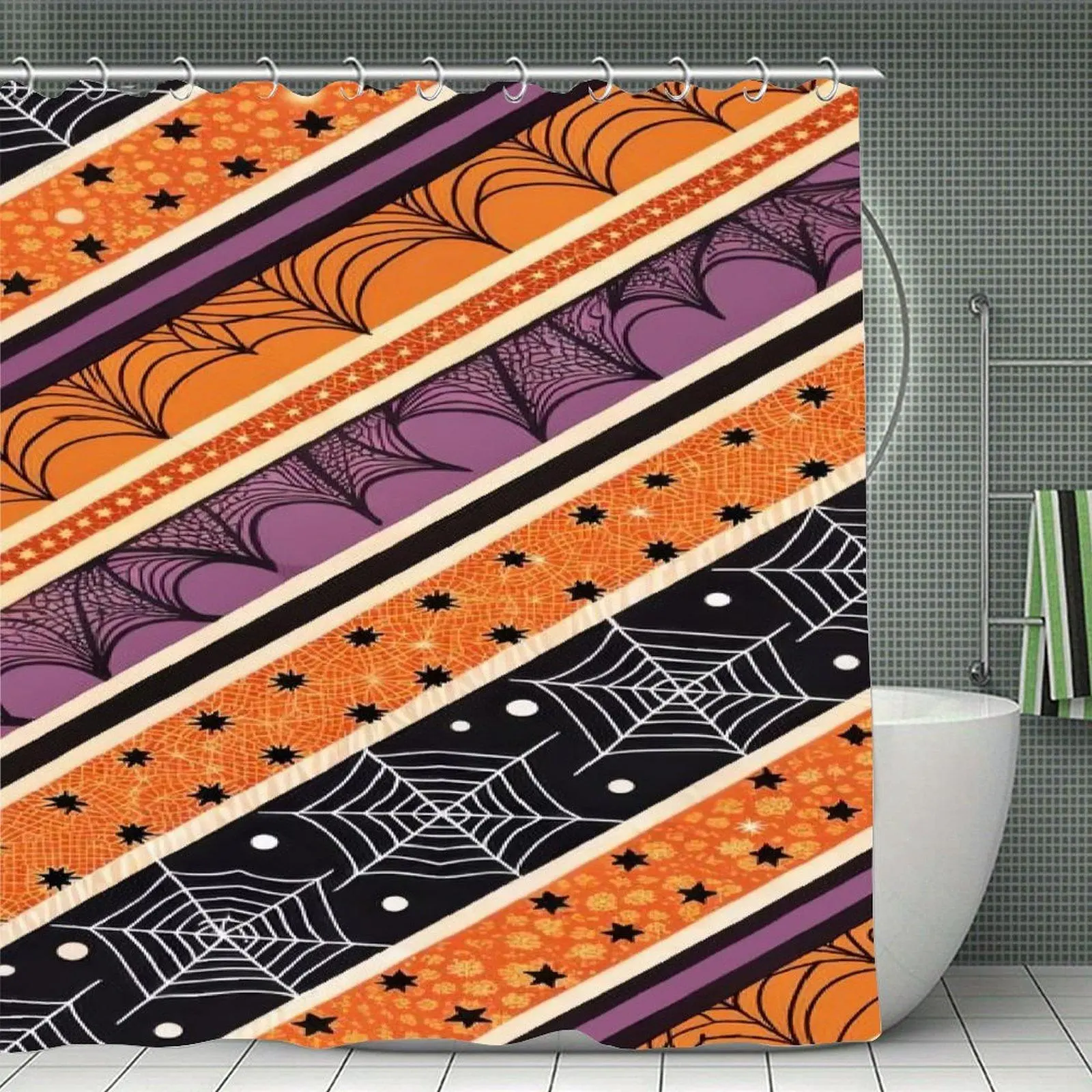 Halloween Stripe Spider Web Pattern Shower Curtain