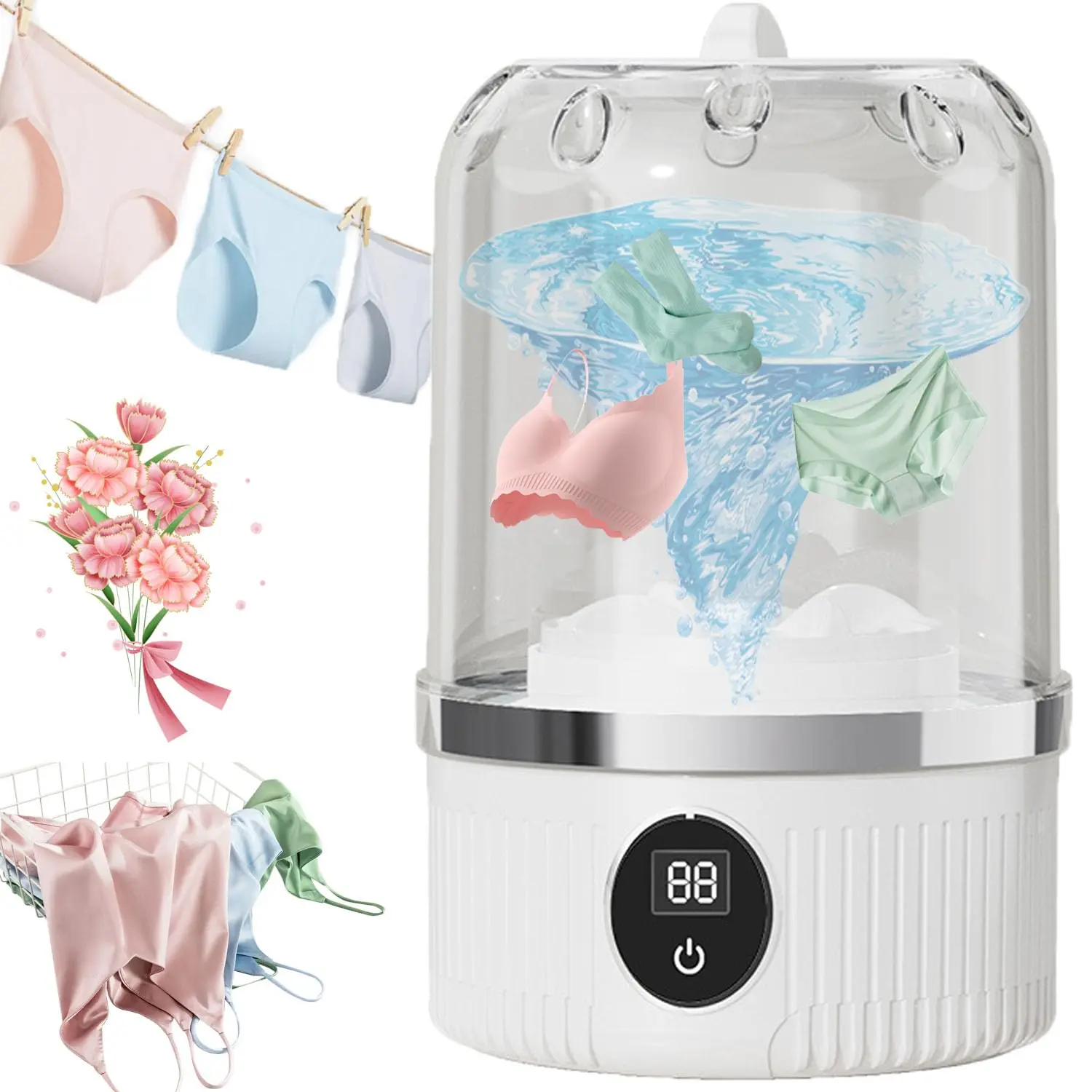 Portable Mini Washing Machine, 1L Wireless Small Washer for Underwear, Socks & Towels, Waterproof Compact Laundry Cleaner for Travel, Dorm, RV & Bathroom
