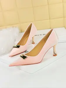 Luxury Metal Buckle Velvet High Heel Shoes, Elegant Fashion Stylish Classy Pointed Toe Stiletto, Comfortable Commute, Party, Evening Wear, All Seasons, Wedding Heels