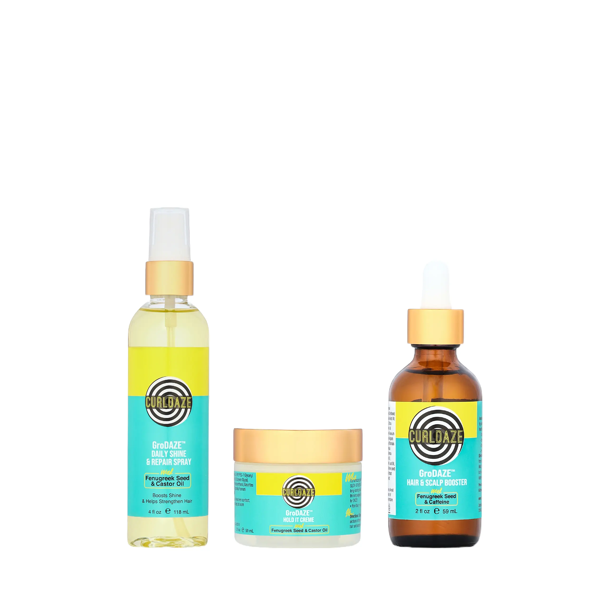 The GroDAZE™ Bundle Repairing Combo. Promotes healthy hair growth, shine, and overall health of the hair, scalp, and edges. Includes: Daily Shine and Repair Spray, Hold It Creme, and Hair & Scalp Booster. Haircare for daily use!