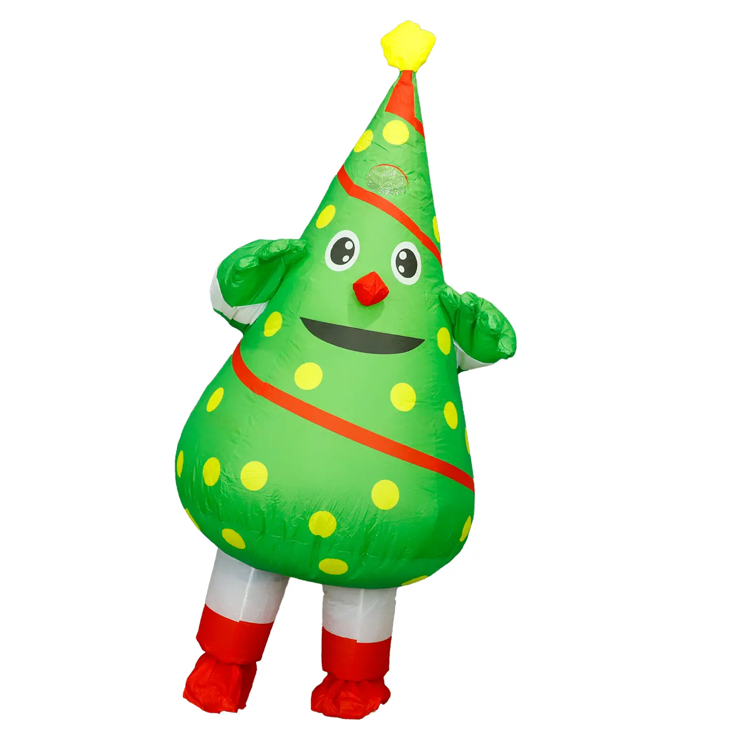 2025 New Polyester Full Body Christmas Tree Inflatable Party Wear for Youth-Adult (155-185 cm) - Men's Special Occasion Costume with Polka Dot, Ribbon, Cartoon Character, Bright Yellow Star Details, Fan, Battery Box, Breathable, Do Not Wash, Polka Dot Sta