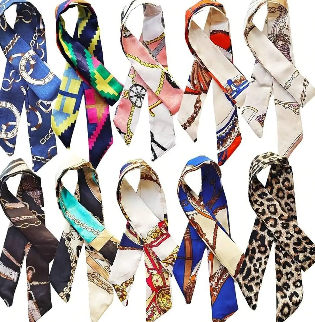 10 Pack Women's Silk Feel Twilly Scarf Set Hair Neck Bag Handle Scarves Fashion Headband Purse Ribbon Accessories