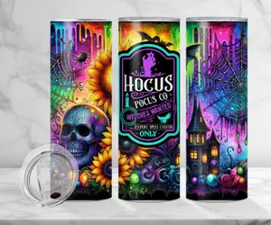 Hocus Pocus Halloween Tumbler – 20oz Stainless Steel, Neon Gothic Witch Skull & Spooky Castle