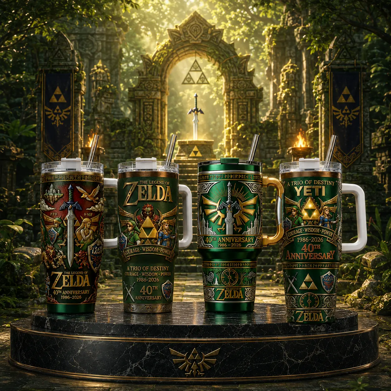 [Collection] The Legend of Zelda 40th Anniversary 1986–2026 Vintage Fantasy 40oz & 20oz Stainless Steel Tumbler with Handle – Hyrule Adventure Insulated Mug, Retro Gaming Cup, Leakproof Travel Gift for Zelda Fans.