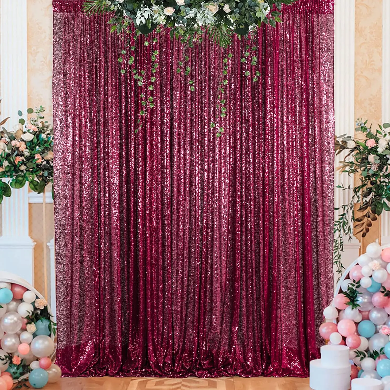 1 Pc 4ftx8ft Burgundy Polyester Sequin Curtain Panel - Handmade Sparkle Look Wall with Pocket Design for Happy Birthday, Photo Backdrops, Sequins Backdrop Decoration, Shimmer Wall Backdrop