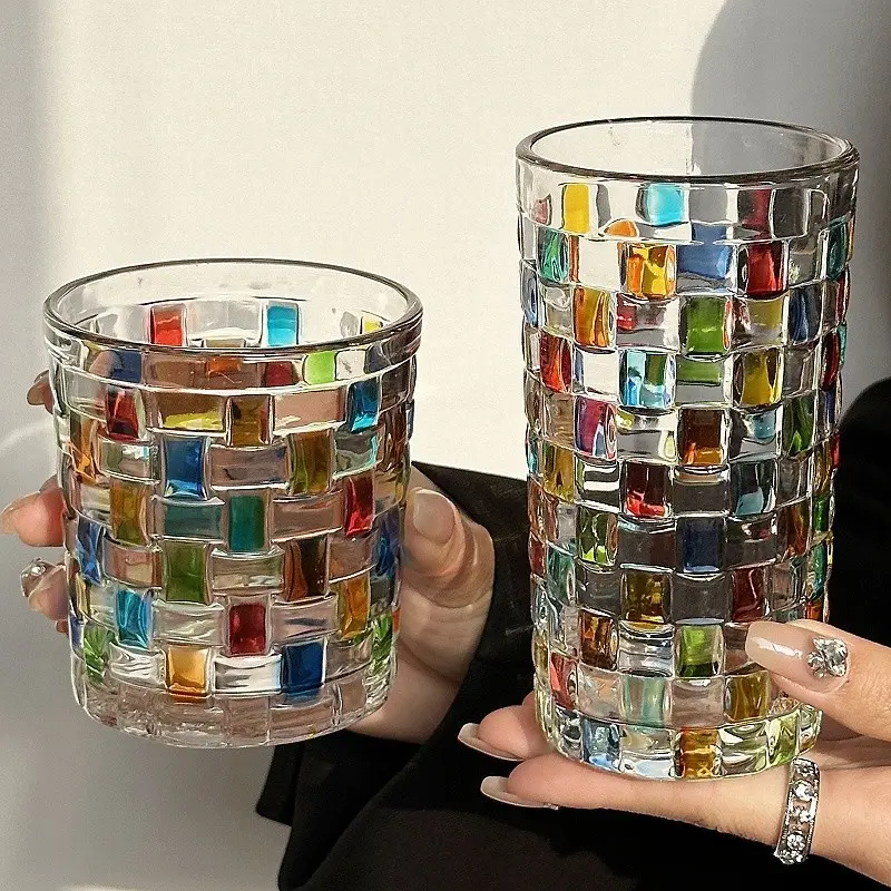 4-Piece/6-Piece Set of Hand-Painted Square Lattice-Weave Glasses: Water Glasses, Juice Glass, Whiskey Glass， and Colorful Beer Glasses; Home Bar Essentials, Entertaining Glassware, Decorative Glassware, Artistic Drinkware, High-Quality Glassware,