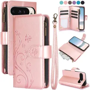 Butterfly Pattern Flip Phone Case with Card Slot & Lanyard, 1 Count PU Leather Zipper Wallet Cellphone Case, Shockproof Phone Cover for Google Pixel