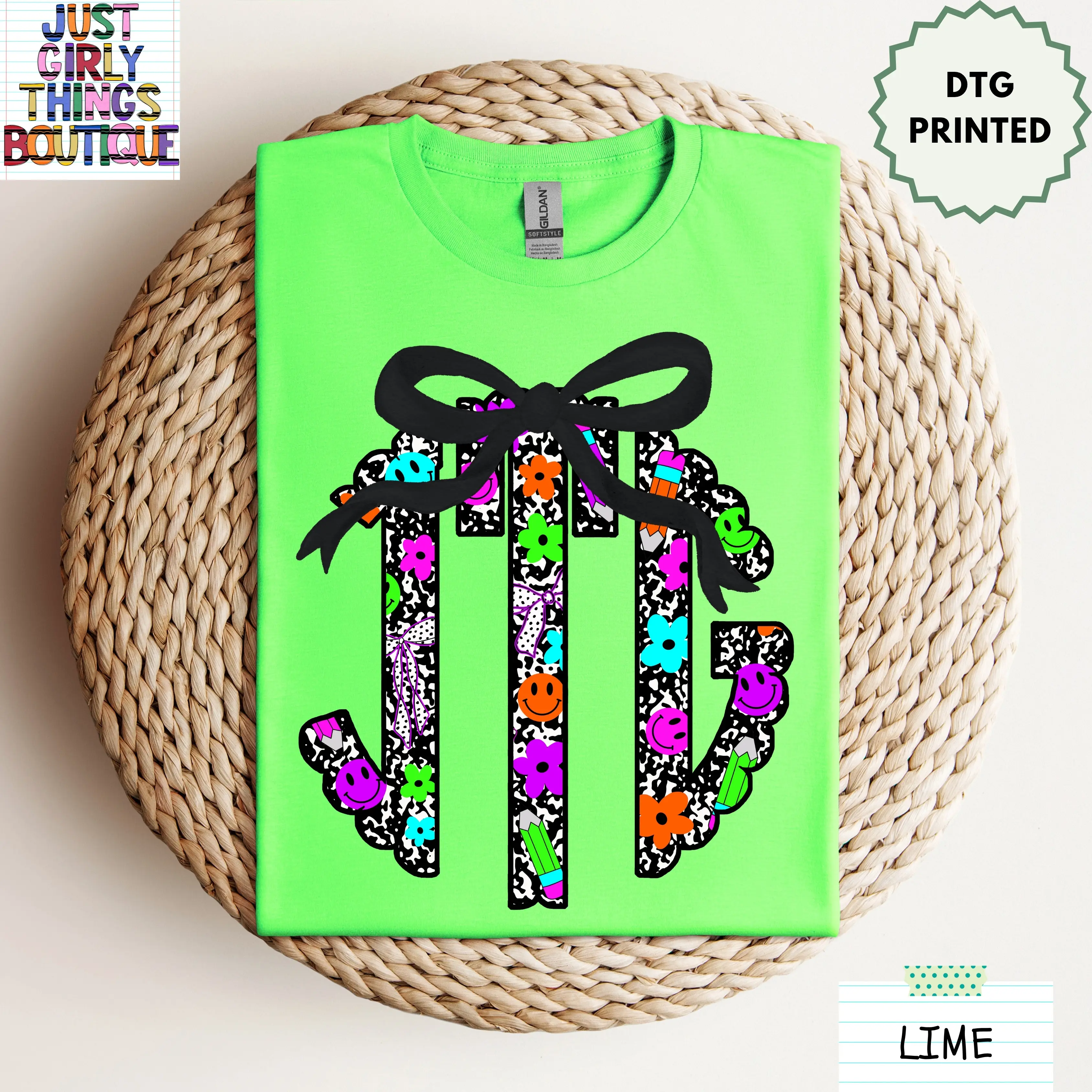 Custom Teacher Composition Notebook Smile Face Floral Monogram Shirt (Leave First Name Initial, Last Name Initial, Middle Name Initial in Notes at Checkout) - Gildan 64000 Softstyle/Gildan 5000 Heavy Cotton Tee -  Custom Teacher Monogrammed Shirt