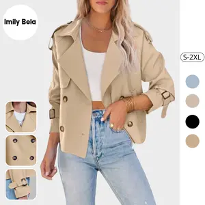 Fessceruna Women Crop Double Breasted Trench Coat Raglan Sleeve Work Office Cropped Jacket With Pockets