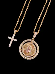 2 Piece Set Virgin Mary Pendant Necklace & Artificial Zircon Cross Pendant Necklace, Unisex Hip Hop Jewelry, Fashion Vintage Accessories