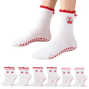 MhzyCaus 6 Pairs Non-Slip Yoga Socks with Cute Cherry Embroidery, Bow Accents & Heart Grips - Ideal for Pilates, Barre, and Workout Stability gift idea athletic fit Anti-Slip Grip Socks Cushioned White Sports Women's Grip Socks with Grippers Christmas
