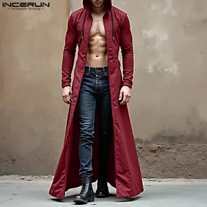 ** INCERUN Men's Autumn/Winter Solid Color Hooded Longline Windbreaker Coat for Street Casual, Travel Adventure, Fashion Styling, Unique Outings, and Urban Daily Wear