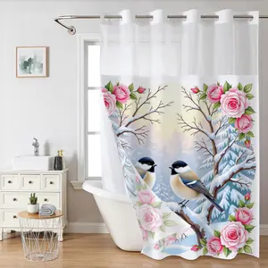 1/2 pcs hook free large loop double-layer  Snowy Birds pattern shower curtain, buckle cloth lined shower curtain, transparent ceiling window, bird pattern waterproof double-layer shower curtain, including super absorbent pad, bathroom accessories