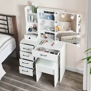 White Makeup Vanity Desk And Stool Set Dressing Table with LED Lighted Mirror and 6 Drawers US Stock