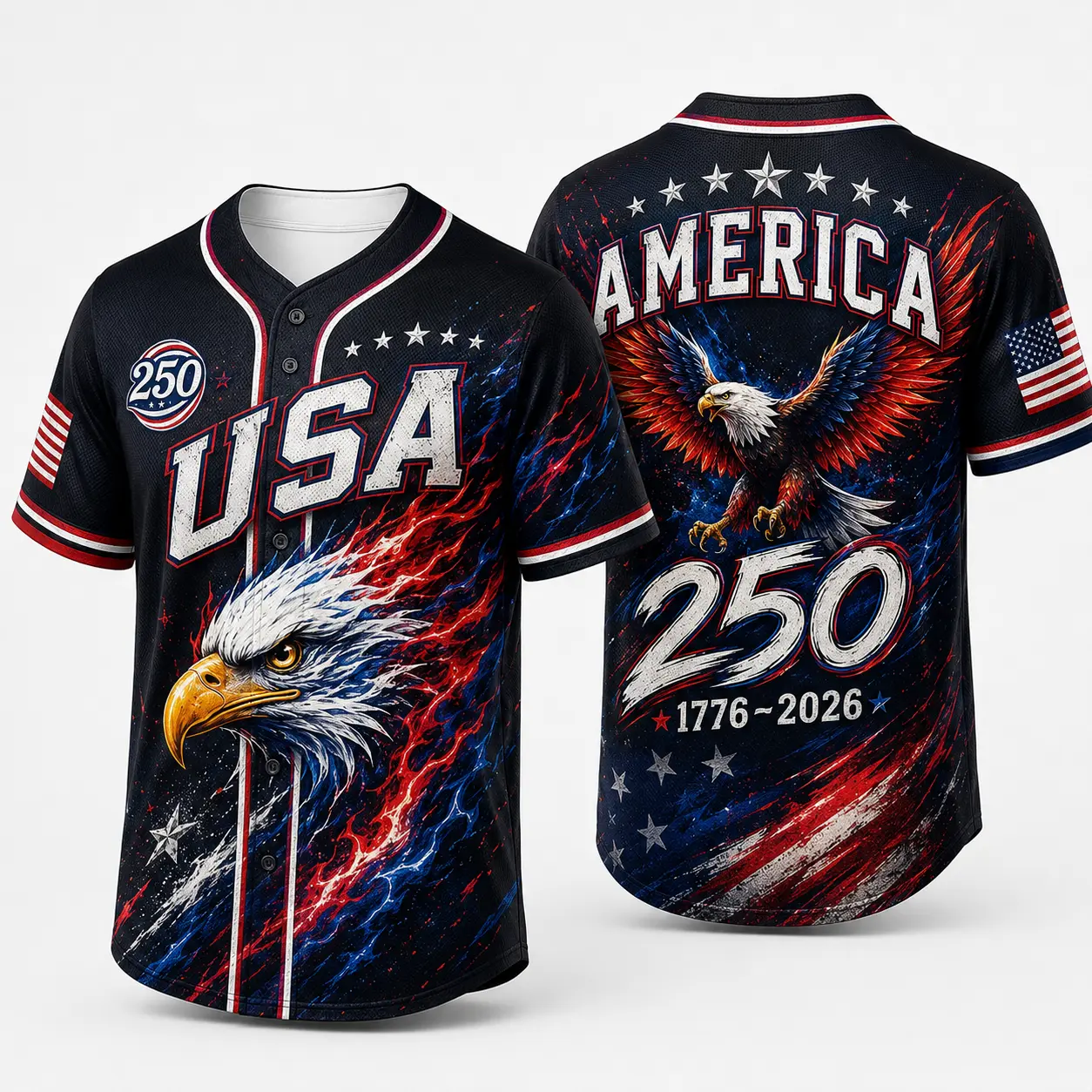 Men's Button-Down Patriotic Baseball Jersey - USA 250th Anniversary, Bald Eagle Graphic, Flame Print for 4th of July Sports & Outdoor Wear