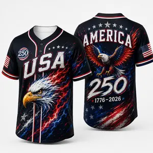 Men's 2026 USA 250 Black Short-Sleeve Button-Down Baseball Jersey, Bald Eagle Graphic, America 250 Back Print, Red-Blue Flame Flag Design, Patriotic Top for July 4th Game Day, Usa Baseball Jersey