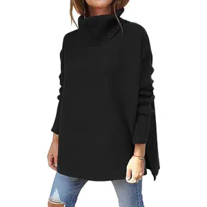 Women's Turtleneck Sweaters Oversized Autumn Long Batwing Sleeve Split Hem Tunic Pullover Knitwear Soft Turtleneck Ribbed Cuffs