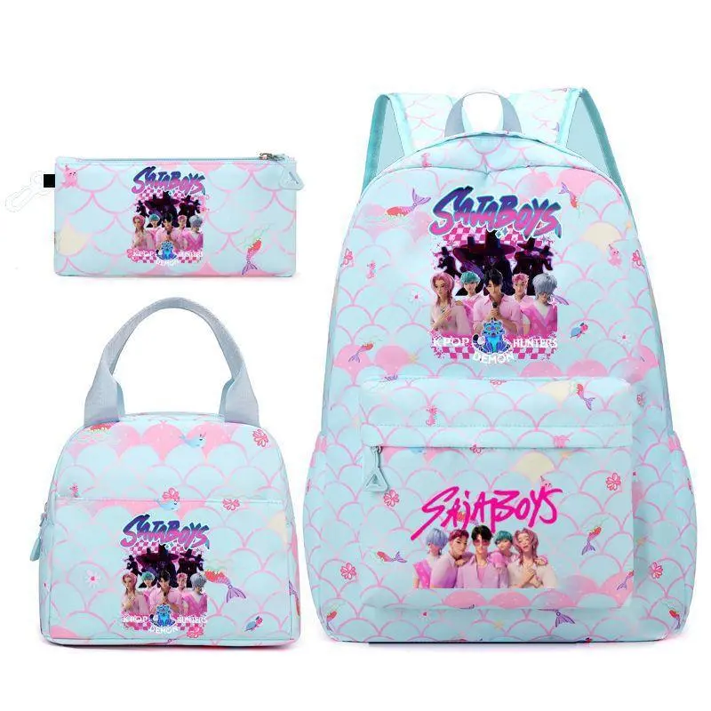 Soft Cyan Pink Mermaid Scale Pattern 3-in-1 Laptop Backpack Set Insulated Lunch Tote Zipper Stationery Pouch Travel School Bag