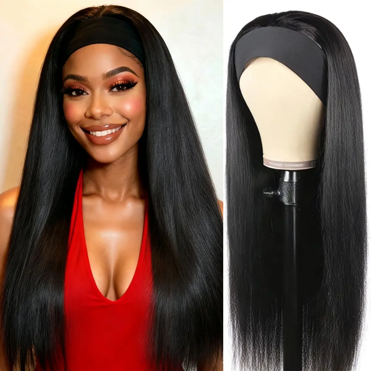 Women's 28-Inch Black Straight Synthetic Headband Wig, Glueless Heat-Resistant Female Wig with Natural Look for Daily, Party Use