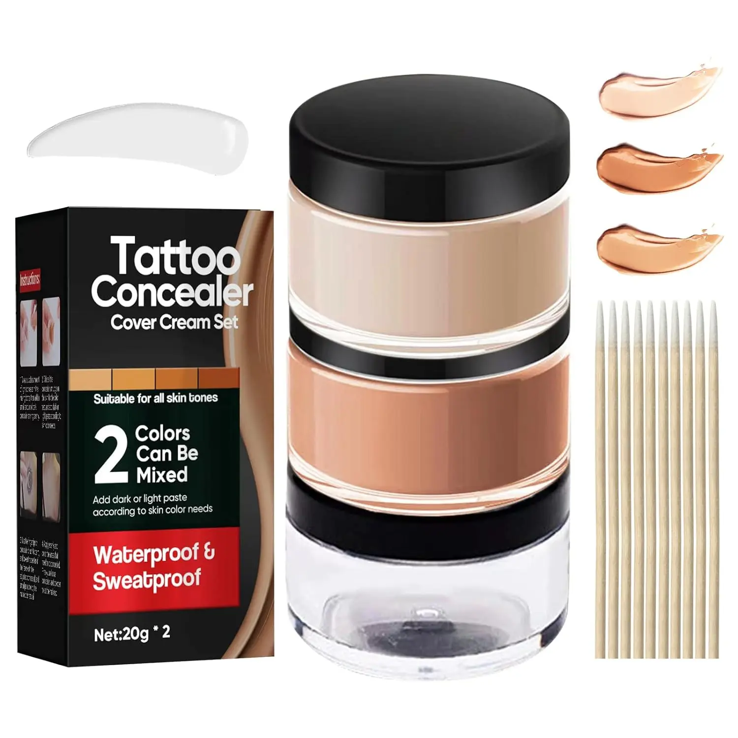 Waterproof Tattoo Concealer, 2-Color Sweatproof Cream Set for Full Coverage to Hide Scars, Spots & Vitiligo, Cover Tattoos, 2 X 20G, Dual Shades, Dark Spot Correction, Makeup Products, 2 Colors Can Be Mixed