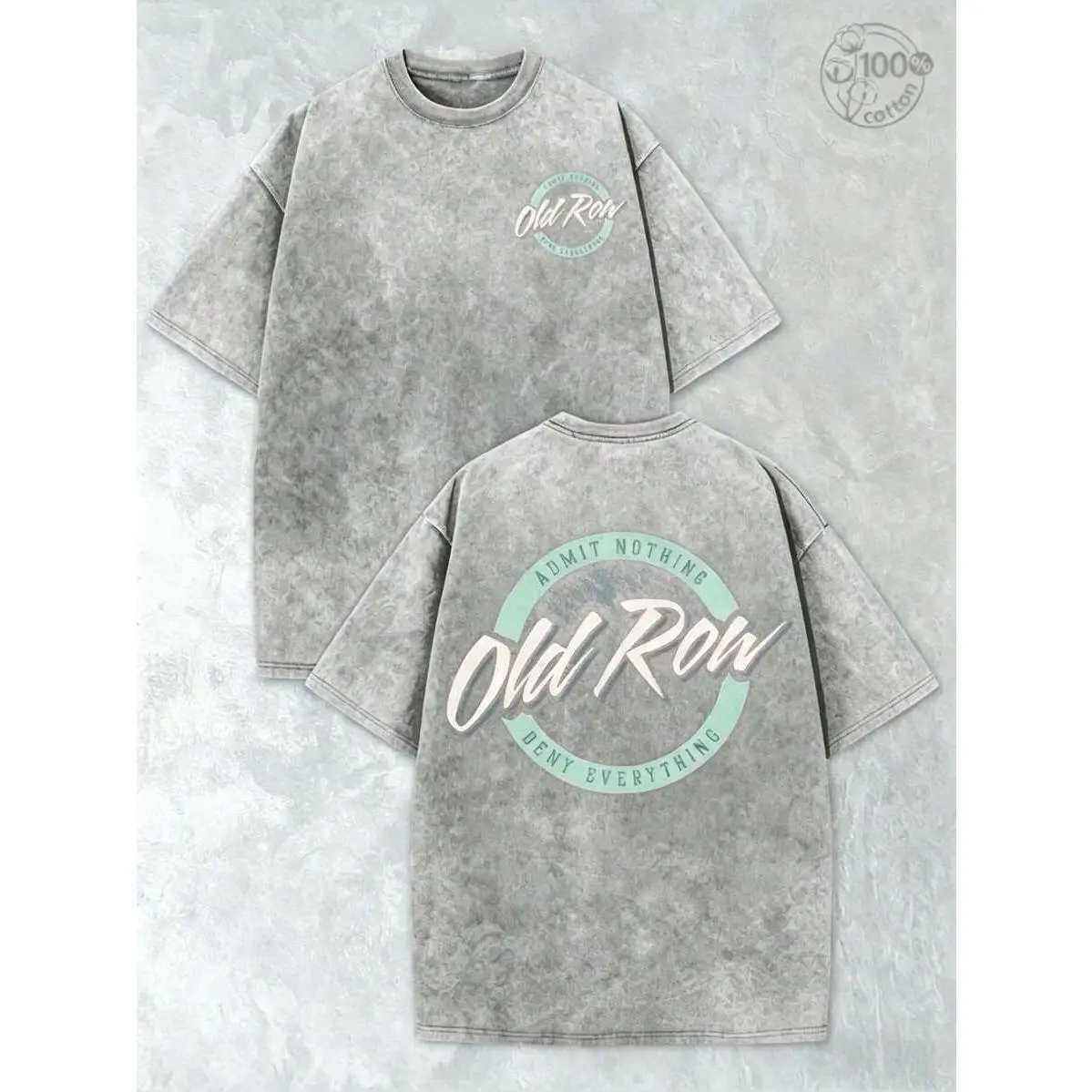 Men's Thick Cotton Washed Vintage Batik T-Shirt - Round Neck Short Sleeve Tops, Grey & Teal Circle Logo Double-Sided Print, Menswear Streetwear Clothing Casual 2026 Summer Outfit, Shortsleeve, Men's Clothing