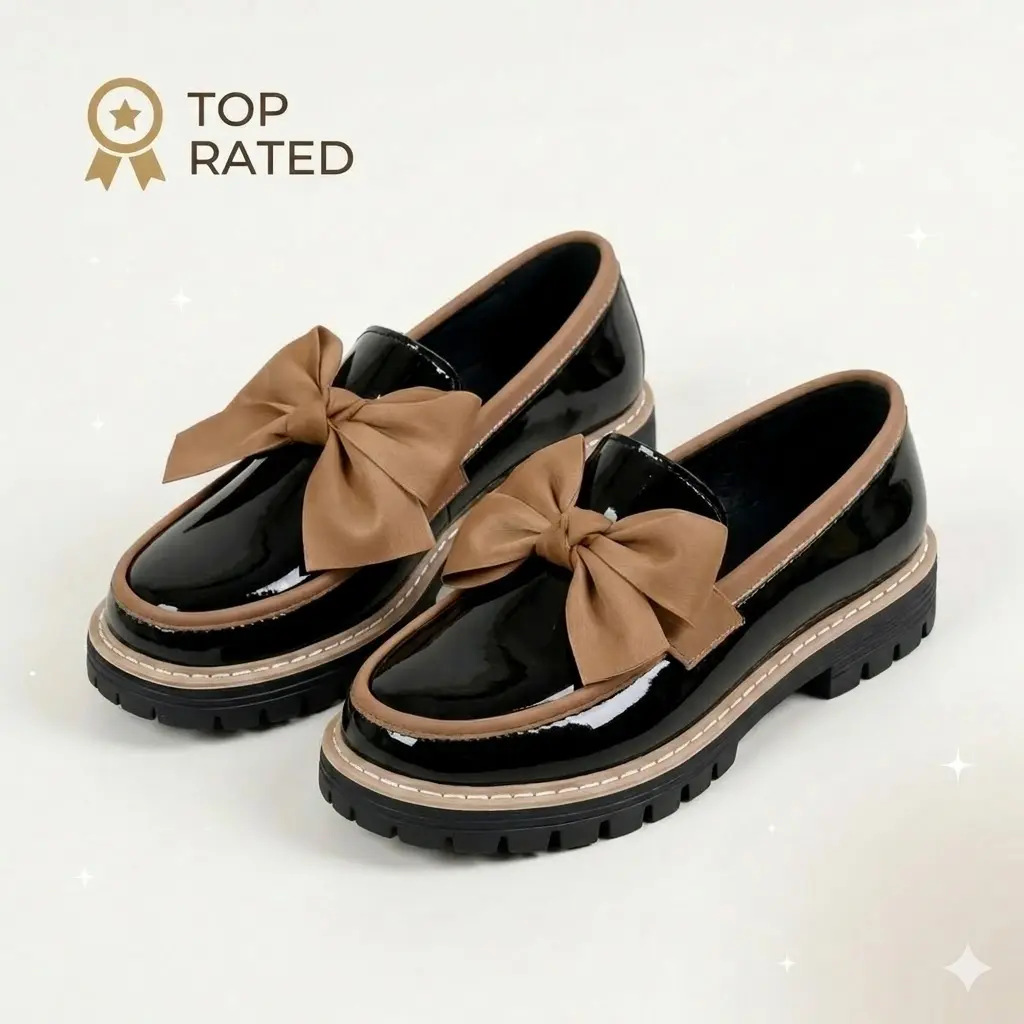 Women's Classic Coquette Bow Decorated Loafers - Patent Leather Chunky Platform Flats, Preppy Round Toe Slip-On Walking Shoes with Stylish Design, Embellished Loafers, 1.5-2 Inches, Footwear, Casual Wear, Flexible, Rubber, Platform Loafers