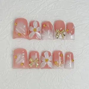 Nail Luna Handmade 3D Floral & Pearl Press-on Nails, Luxury Reusable Style with Peach Ombre Ribbon, White Pearlescent Shimmer and Sparkly Rhinestones, Two Sets