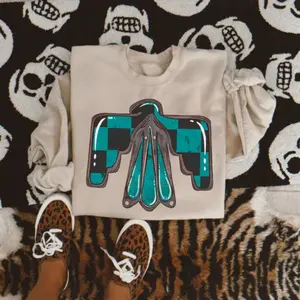 Checkered Thunderbird Sweatshirt, Graphic Crewneck Sweatshirt, cowgirl outfits, western clothing, western tops outfits women, southern apparel, rodeo outfit women shirt hoodie