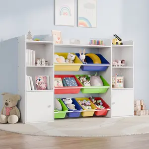 Topwin 4-Tier Toy Storage Organizer Shelf - 100% Solid Wood,Extra Wide Storage Cabinet with 8 Plastic Bins and 2 Storage Ports【small】