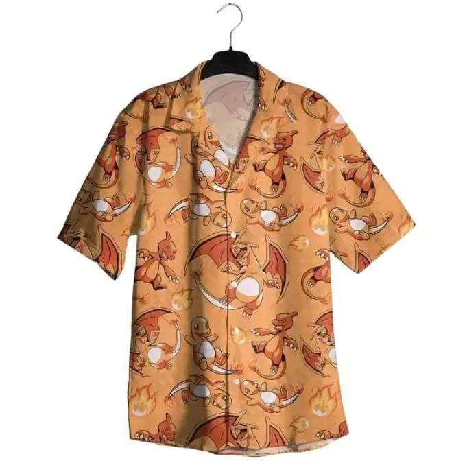 PKM Hawaiian Shirt Shorts Set, Evolution Dragon Fire Anime Aloha Shirt, Unisex Flame Wing Flight Summer Beach Wear Holiday Manga Gifts Suit