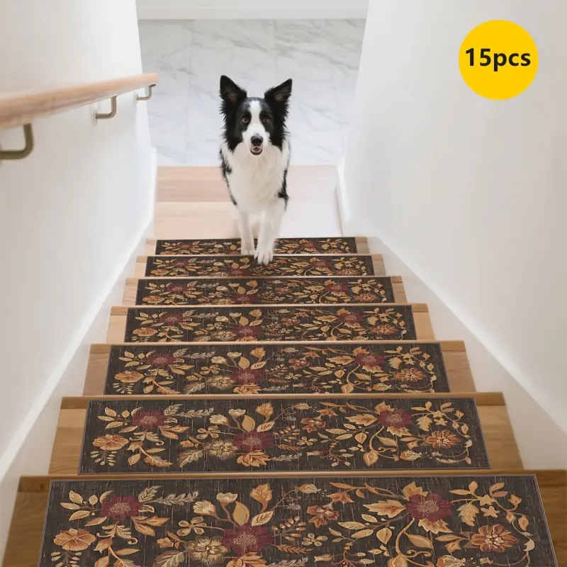 Rubber Anti-Slip Backing 15pcs Vintage Floral Pattern Runner Rug, Stair Tread Non-Slip Mats, Anti-Slip Stair Carpet, Step Protector Rug, Bordered Stair Mats for Home Decor, Indoor Room Supplies Bedside Accessories. Suitable for Indoor/outdoor