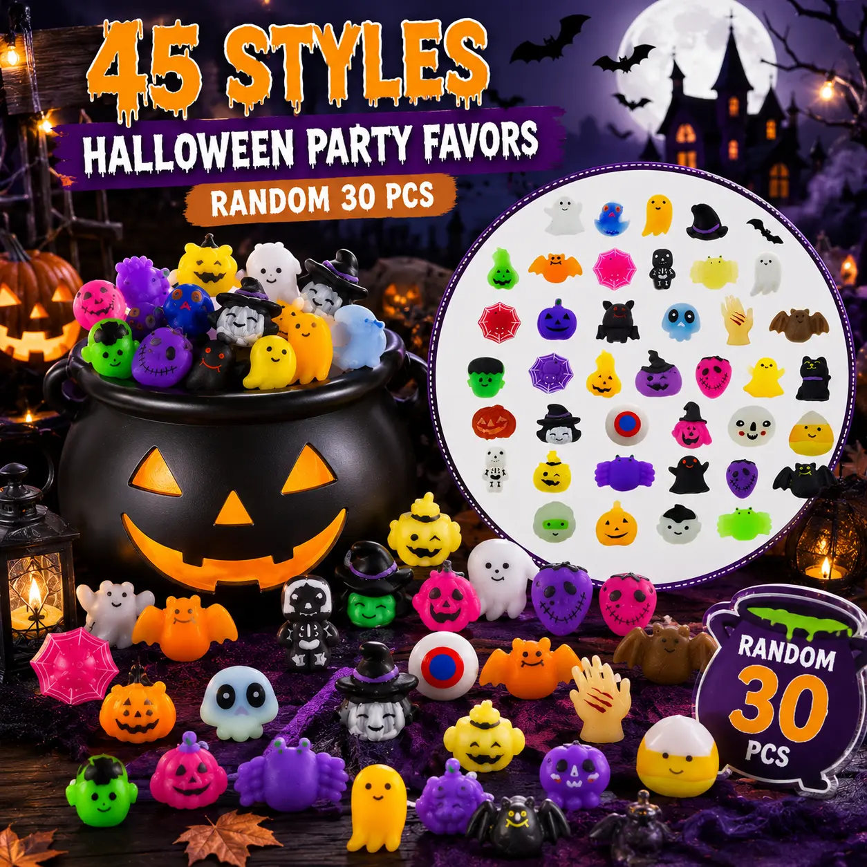30PCS Halloween Squishy Fidget Toys, Cute Cartoon Designs, Colorful Random Indoor Recreation Favors, Halloween Party Prizes
