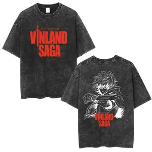 Men Clothing Fashion Street Casual Cotton Oversized T-Shirts Unisex Vintage Washed Anime Vinland Saga Thorfinn Karlsefni T-Shirt Distressed Festive