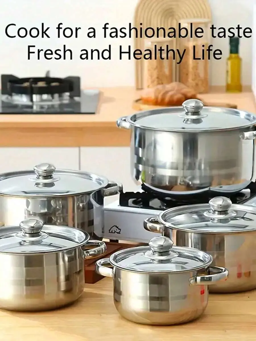 10pcs Luxury Stainless Steel Induction Cookware Set, Non-Stick Stainless Steel Pots With Lids In 5 Sizes (6.3" - 7" - 7.9" - 8.6" - 9.4"), Perfect Cooking Experience, Silver Color Gift For Graduation, Party, Father's Day, Birthday, Wedding