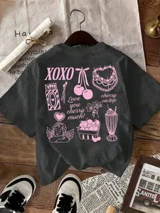 Dark Grey Oversized "XOXO Cherry" Y2K Graphic Round Neck Tee Top - 2026 Trending Streetwear, Casual Vintage Wash Fabric Perfect for Daily Outings & Music Festivals, Bold Pink Doodle Print That Stands Out, Versatile Relaxed Fit, Casual Beach Tee