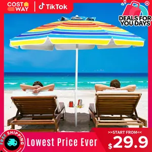 COSTWAY 6.5/7.2 FT Beach Umbrella, Portable Outdoor Umbrella with Sand Anchor, Adjustable Tilt, Steel Pole, Carrying Bag, Outdoor Sunshade Shelter with Cup Holder for Beach, Poolside，4th of july decor, dad gift