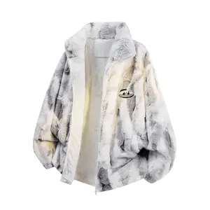 Men's loose fit faux fur tie-dye winter jacket, fleece-lined full zip-up coat, warm and cozy outerwear, perfect for autumn and winter casual urban style, made with high-quality fabric