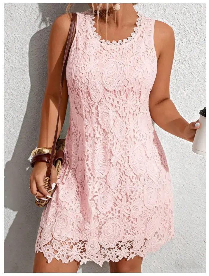 Elegant White Lace Trim Plus Size Women Sleeveless Round Neck Dress, Spring/Summer White Lace Dress Women Women's White Dresses
