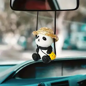 Cute Swinging Panda Car Decor, Adorable Panda with Hat and Flower, Rearview Mirror Hanging Ornament, Vehicle Interior Accessory, Car Interior Decoration, Car Trinkets, Car Decor Gift