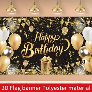 1pc Polyester 2D Flag Banner - 180cm Happy Birthday Photography Backdrop with Black & Gold Flash Design, Balloon Gift Box Party Decoration, Photo Booth Supply, Wedding Festive Accessory