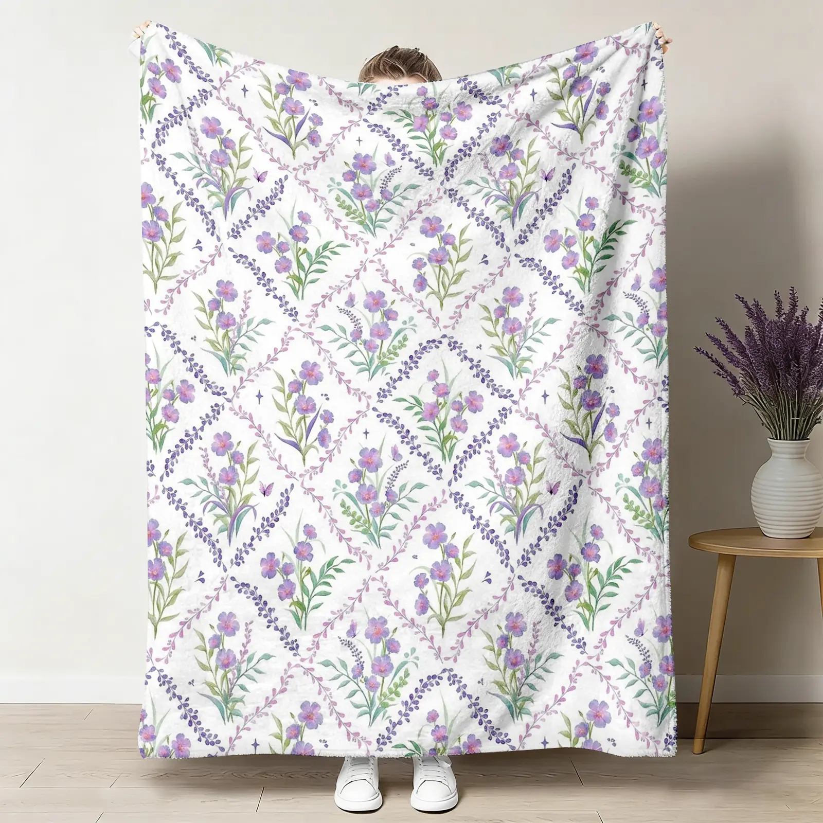 Lavender Throw Blanket, Watercolor Floral Flannel Blanket, Soft Cozy Warm Throw, Purple French Country Garden Design, Gift for Her Mom, Rustic Spring Bedroom Living Room Couch Decor ﻿ holiday